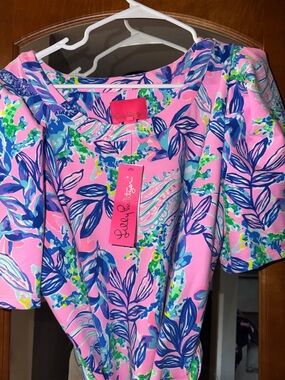 Lilly Pulitzer Pink Blue Green Tropical Leaf Dress xl never worn